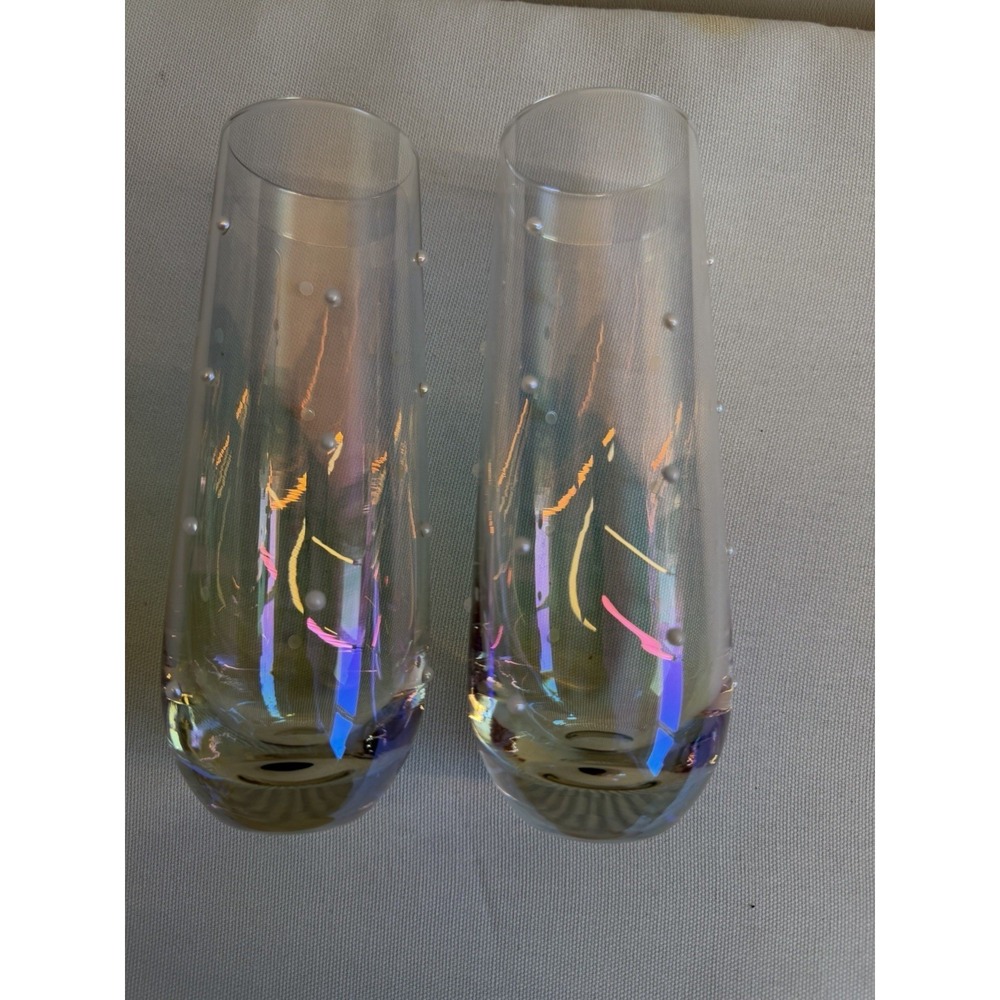 Iridescent Pearl Dot Stemless Champagne Flutes Set of 2 with Botanical Case
